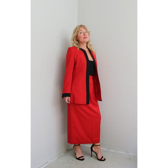 1980's Vintage Custom Tailored Red Skirt & Blazer Korean Suit Set Womens SM 4 6 - Picture 8 of 10